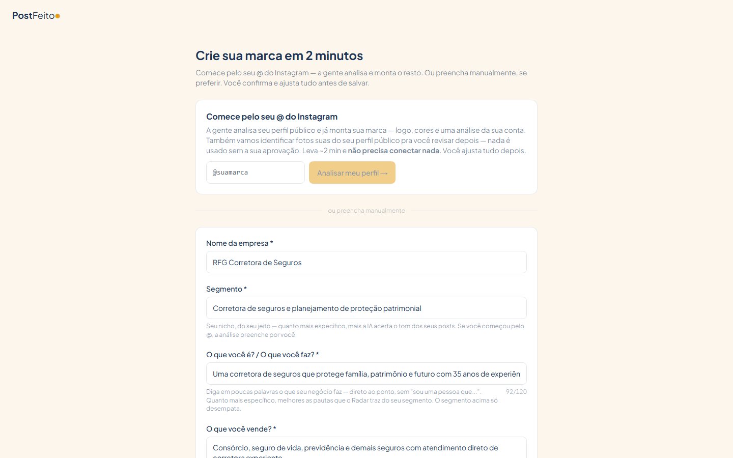 Campo para inserir o @ do perfil